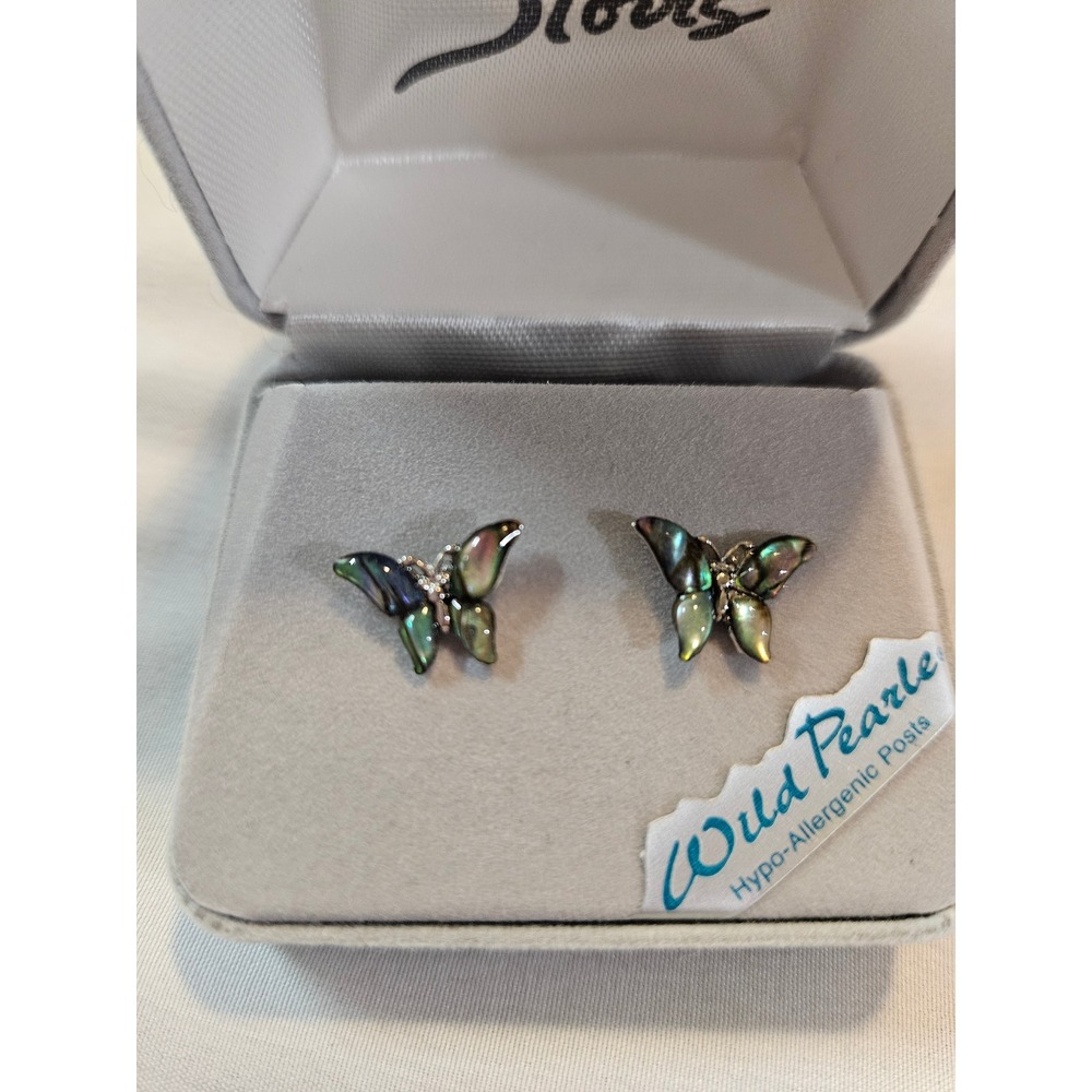 Wild Pearle Storrs Abalone Butterfly Stud Earrings Hypoallergenic Iridescent